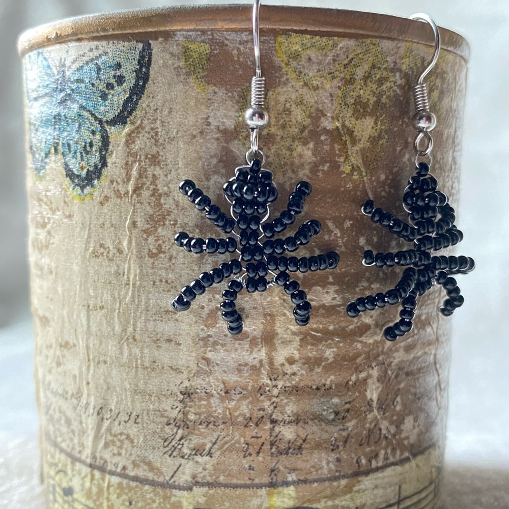 Handmade Mini Black Beaded Spider Earrings